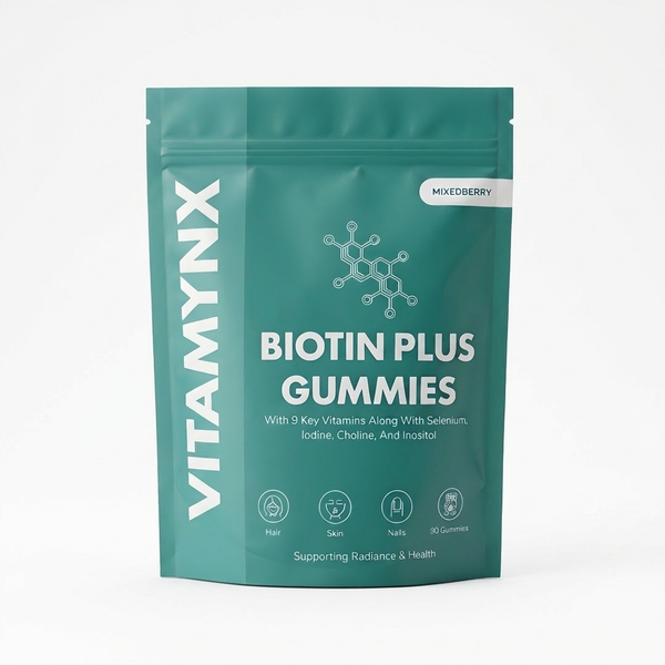 A teal stand-up pouch of VITAMYNX Biotin Plus Gummies (Mixed Berry flavor) on a clean white background.