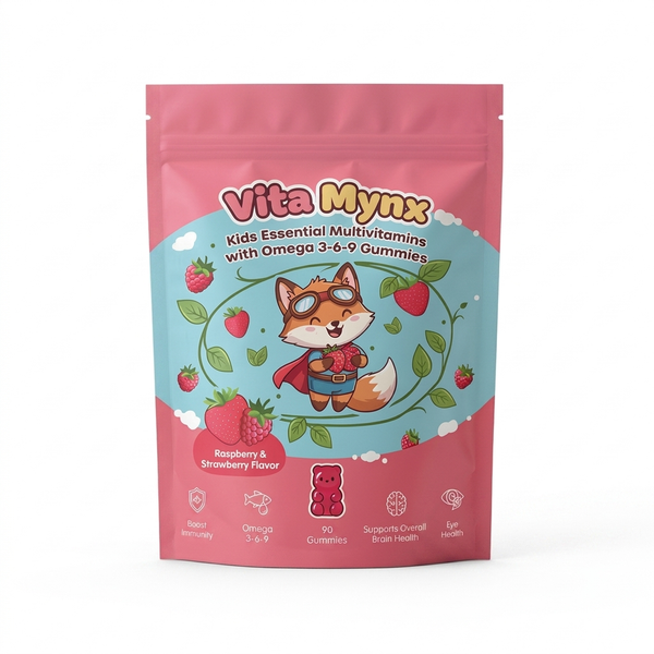 A pink stand-up pouch of Vita Mynx Kids Essential Multivitamins with Omega 3-6-9 Gummies in Raspberry & Strawberry flavor, featuring a cartoon fox in a superhero cape on a light blue center panel.
