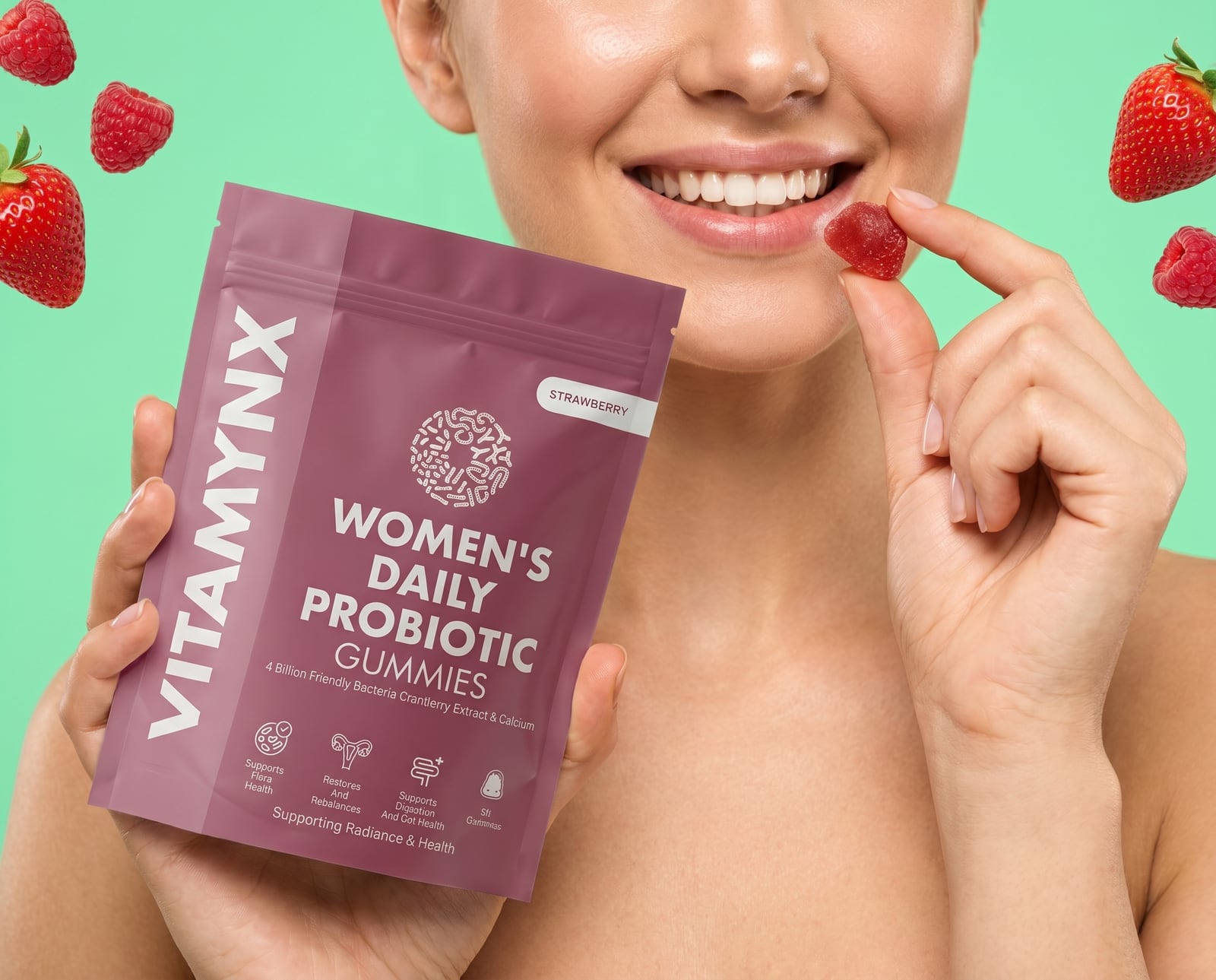 Close-up of a Vitamynx Women's Daily Probiotic pouch held with a strawberry