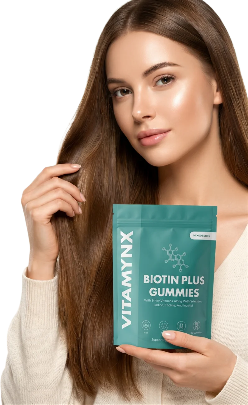 A woman holding the Vitamynx Biotin Plus pouch