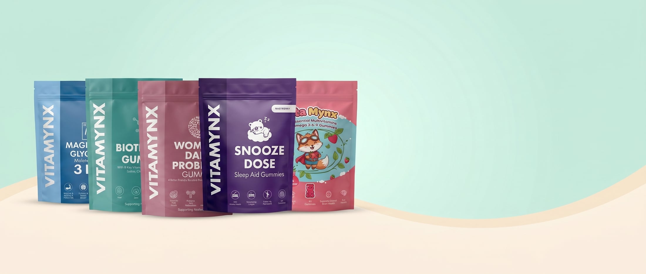 The full Vitamynx range of vegan gummy supplement pouches