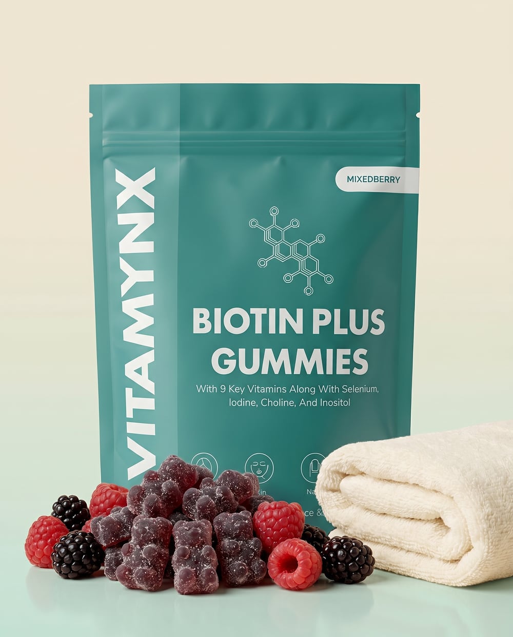 Vitamynx Biotin Plus styled with fresh fruit