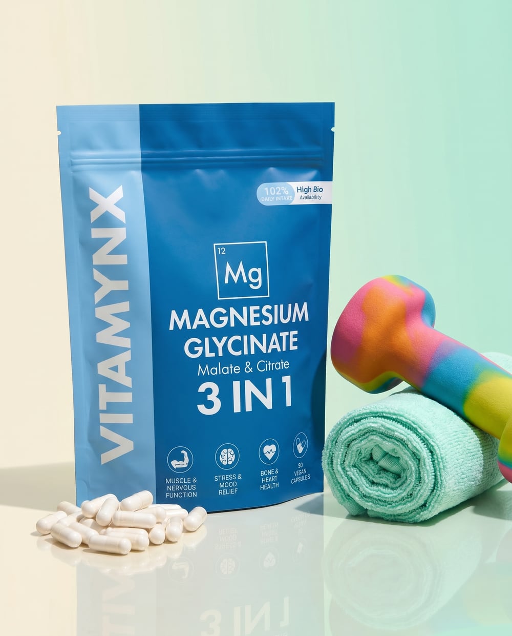 Vitamynx Magnesium Glycinate styled with dumbbells and gummies