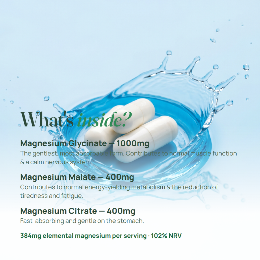 What's inside: Glycinate 1000mg, Malate 400mg, Citrate 400mg, 384mg elemental