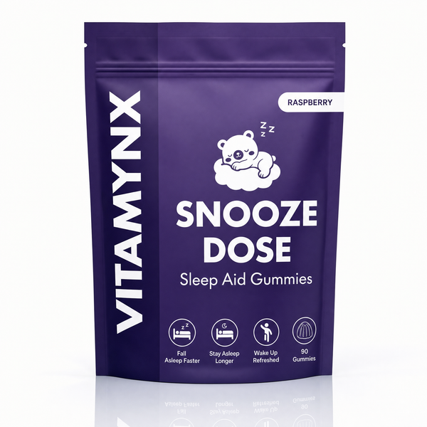 A purple stand-up pouch of Vitamynx Snooze Dose Sleep Aid Gummies in Raspberry flavor, featuring a cartoon bear sleeping on a cloud and white text on a clean white background.