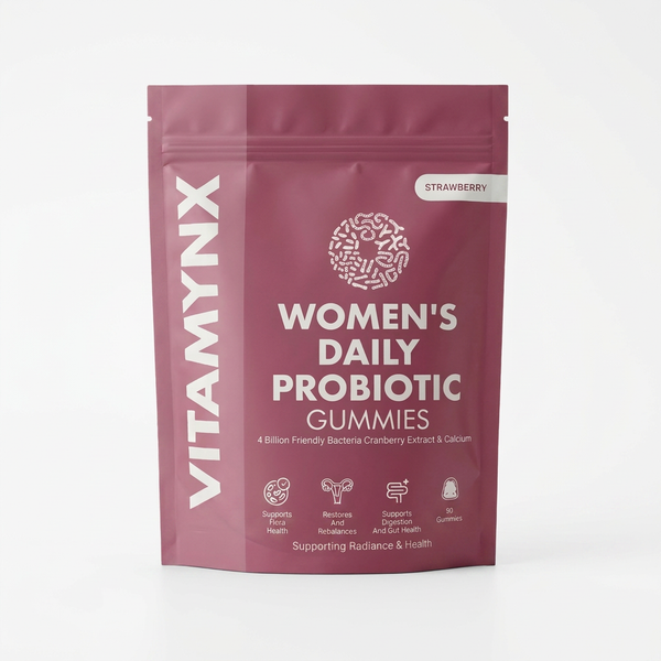 A stand-up pouch of VITAMYNX Women's Daily Probiotic Gummies in Strawberry flavor, shown on a clean white background.