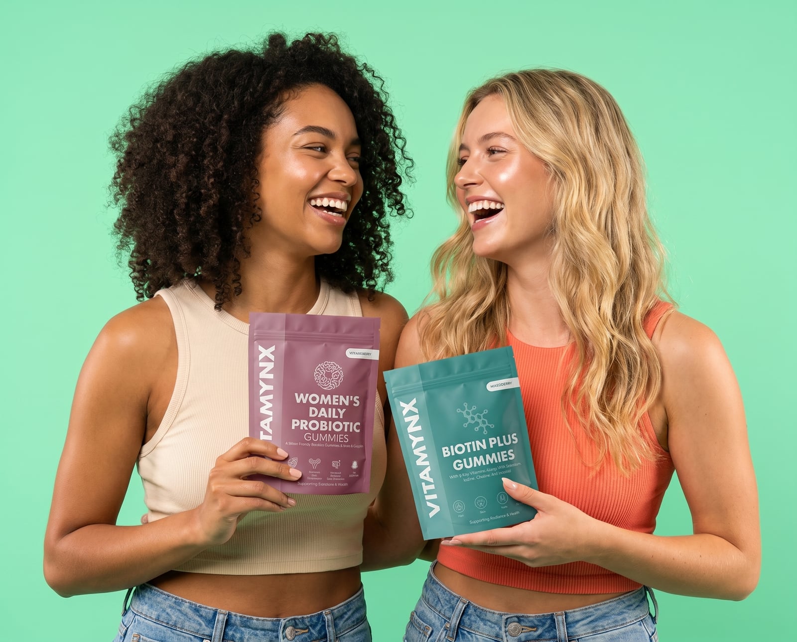 Two friends laughing together holding Vitamynx vegan gummy pouches