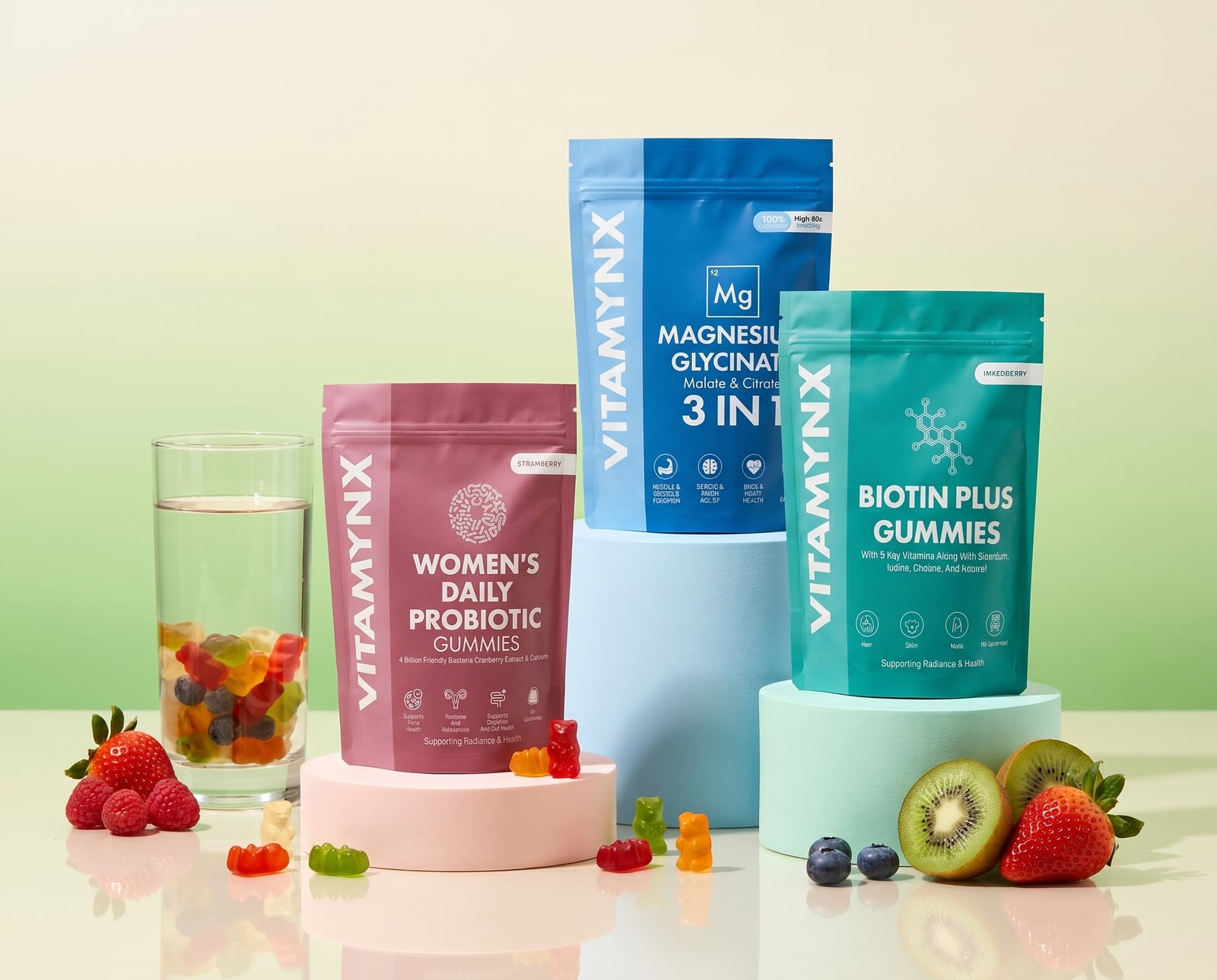 The full Vitamynx vegan gummy range styled with fresh fruit