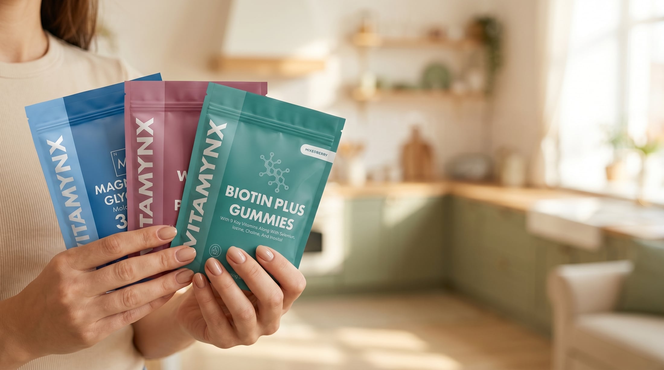 A person holding a fan of four Vitamynx vegan gummy supplement pouches