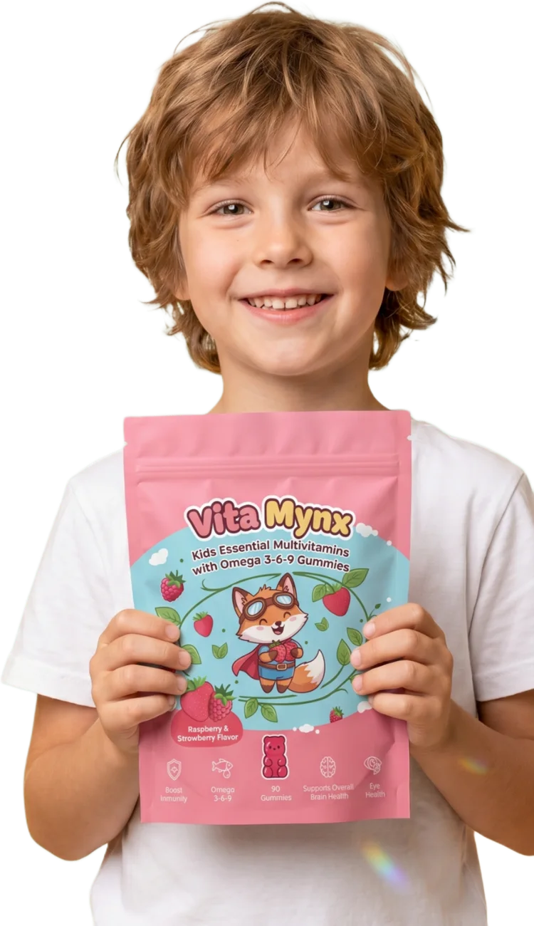 A parent holding the Vitamynx Kids Multivitamin pouch