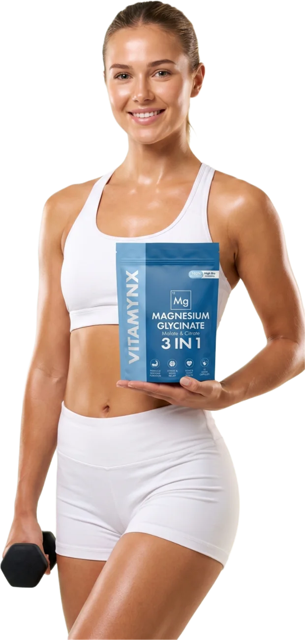 A woman holding the Vitamynx Magnesium Glycinate pouch