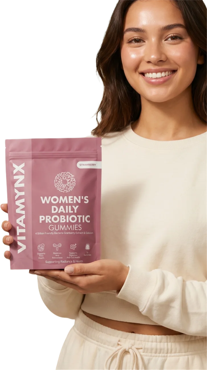 A woman holding the Vitamynx Women's Daily Probiotic pouch