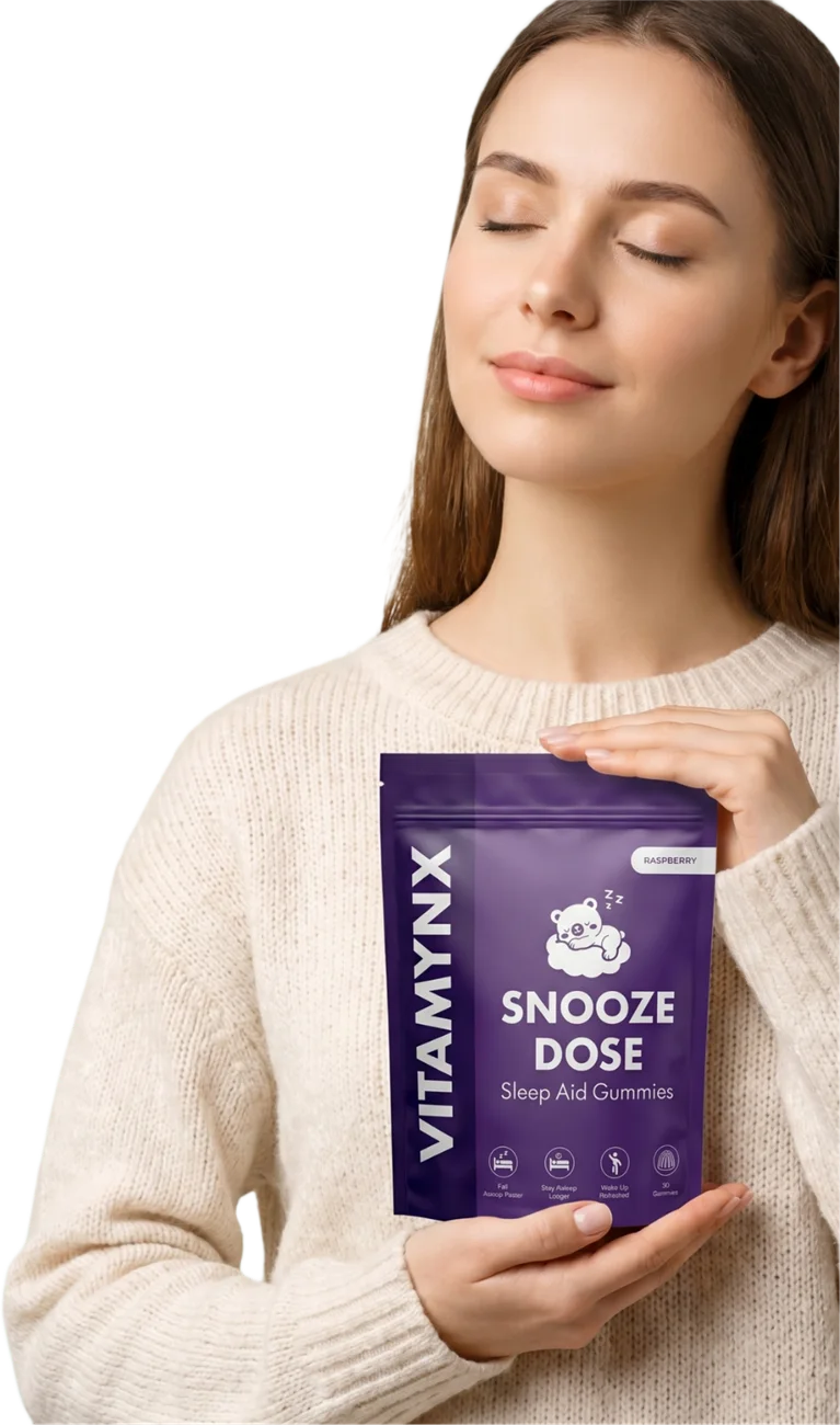 A woman holding the Vitamynx Snooze Dose pouch