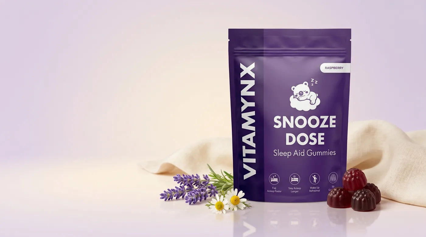 Vitamynx Snooze Dose sleep gummies with lavender and chamomile, a no-melatonin alternative to Lemme Sleep