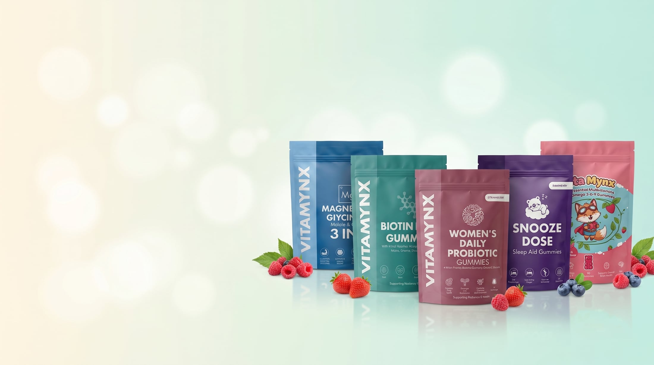 The full Vitamynx range of vegan gummy supplement pouches