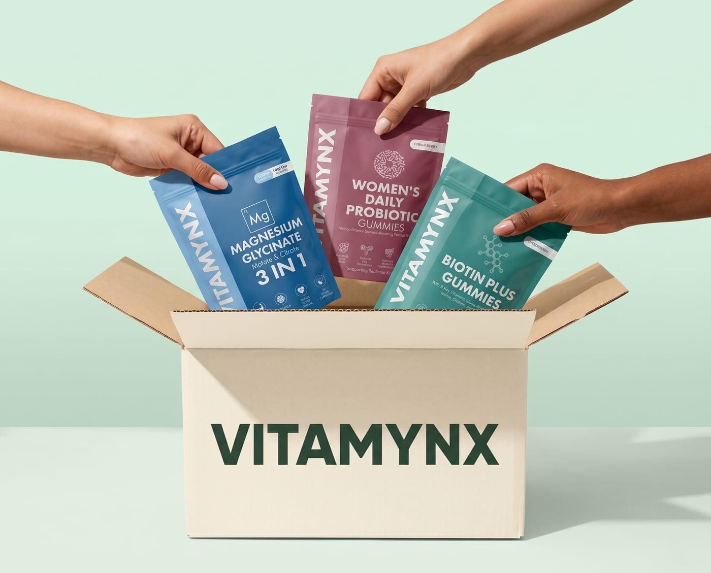 Vitamynx supplement pouches being packed into a Vitamynx box